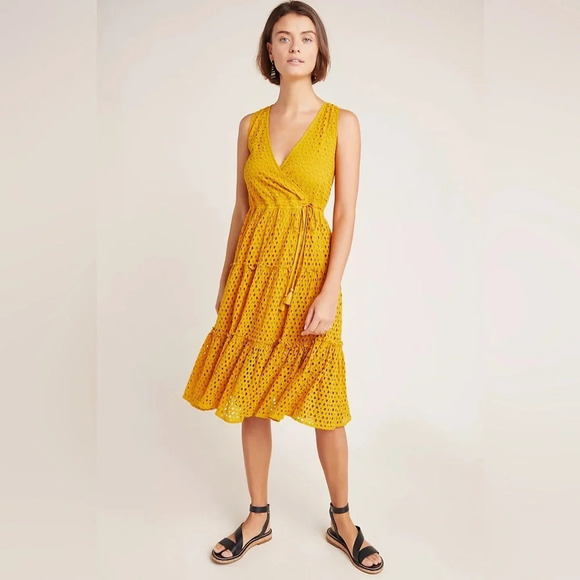 FRYE x ANTHROPOLOGIE Nuri Eyelet Wrap Dress in Dark Yellow‎ - Picture 1 of 10
